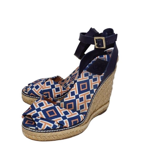 Tory Burch Criss Cross Blue and Orange Espadrille Wedges, Size 8 - Picture 5 of 11